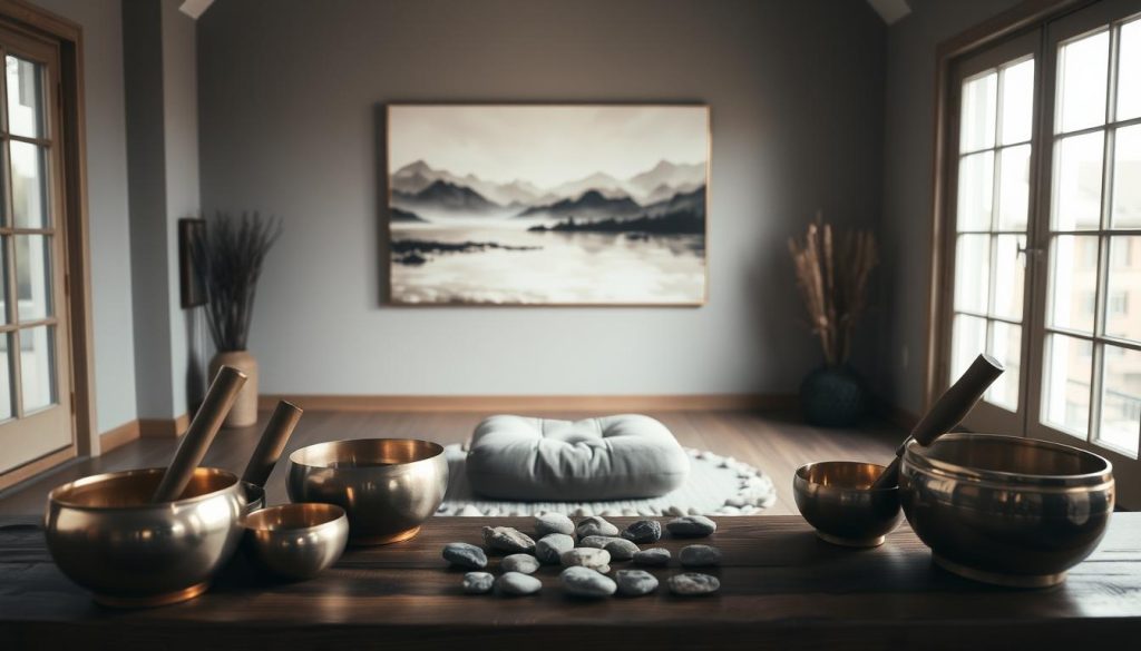 A dimly lit, serene studio space with soft, natural lighting filtering through large windows. In the foreground, an array of Tibetan singing bowls, crystal singing bowls, and chimes are arranged on a wooden table, their metallic surfaces gleaming. In the middle ground, a plush meditation cushion sits on the floor, surrounded by a scattering of smooth river stones. The background features a soothing, abstract landscape painting in muted tones, evoking a sense of tranquility and inner calm. The overall atmosphere is one of introspection, relaxation, and the calming power of sound therapy.