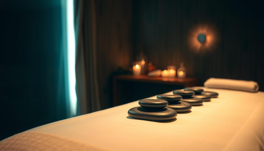 A dimly lit spa room, the air filled with the soothing scent of aromatherapy oils. On a massage table, a collection of smooth, heated basalt stones rests, ready to be placed along the body. Soft, ambient lighting casts a warm glow, creating a calming, meditative atmosphere. The scene evokes a sense of tranquility, where the stresses of the day melt away under the skilled touch of a masseuse, providing relief for both the mind and body.