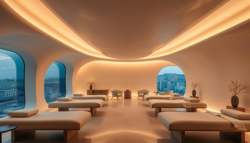 A futuristic, minimalist interior of a high-end Istanbul massage salon. The space is bathed in a warm, diffused glow, with sleek, curvilinear walls and ceilings that create a sense of tranquility and relaxation. Plush, ergonomic massage tables are arranged throughout, flanked by stylish, modern furniture and accents in muted tones. Soft, ambient lighting casts a soothing ambiance, while large, floor-to-ceiling windows offer glimpses of the bustling city outside, creating a harmonious contrast between the serene indoor space and the dynamic urban environment. The overall atmosphere evokes a blend of luxury, innovation, and a heightened awareness of personal wellbeing. A futuristic, minimalist interior of a high-end Istanbul massage salon. The space is bathed in a warm, diffused glow, with sleek, curvilinear walls and ceilings that create a sense of tranquility and relaxation. Plush, ergonomic massage tables are arranged throughout, flanked by stylish, modern furniture and accents in muted tones. Soft, ambient lighting casts a soothing ambiance, while large, floor-to-ceiling windows offer glimpses of the bustling city outside, creating a harmonious contrast between the serene indoor space and the dynamic urban environment. The overall atmosphere evokes a blend of luxury, innovation, and a heightened awareness of personal wellbeing.