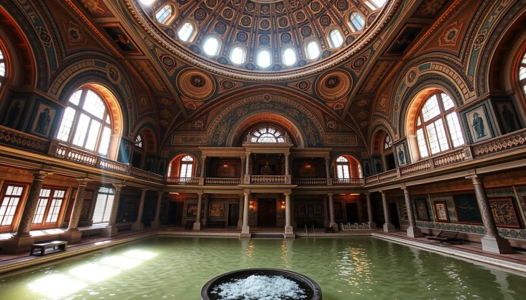 A grand and ornate Ottoman-era bathhouse, Cağaloğlu Hamamı, stands majestically in 1741, its domed ceilings and intricate tilework shimmering in the warm natural light that pours through the high windows. The interior is a serene, tranquil oasis, with elaborately decorated alcoves and warm, soothing pools where patrons can relax and unwind. The scene exudes a timeless, historic atmosphere, transporting the viewer to the grandeur of Istanbul's renowned hamam culture of the past. A grand and ornate Ottoman-era bathhouse, Cağaloğlu Hamamı, stands majestically in 1741, its domed ceilings and intricate tilework shimmering in the warm natural light that pours through the high windows. The interior is a serene, tranquil oasis, with elaborately decorated alcoves and warm, soothing pools where patrons can relax and unwind. The scene exudes a timeless, historic atmosphere, transporting the viewer to the grandeur of Istanbul's renowned hamam culture of the past.