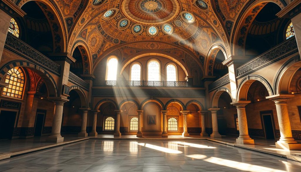 A grand, historic Ottoman bathhouse nestled in the heart of Zeyrek, Istanbul. The Zeyrek Çinili Hamam stands as a testament to the region's rich architectural heritage, its domed ceilings and intricate tilework bathed in warm, golden light. Capture the serene atmosphere of the interior, where sunlight filters through ornate windows, casting delicate patterns on the polished marble floors. Showcase the impressive scale and grandeur of the main bathing chamber, its elegant arches and decorative alcoves conveying a sense of timeless elegance. Depict the striking contrast between the bright, airy spaces and the more intimate, dimly lit areas, evoking the tranquil, contemplative mood that pervades this historic Turkish bath. A grand, historic Ottoman bathhouse nestled in the heart of Zeyrek, Istanbul. The Zeyrek Çinili Hamam stands as a testament to the region's rich architectural heritage, its domed ceilings and intricate tilework bathed in warm, golden light. Capture the serene atmosphere of the interior, where sunlight filters through ornate windows, casting delicate patterns on the polished marble floors. Showcase the impressive scale and grandeur of the main bathing chamber, its elegant arches and decorative alcoves conveying a sense of timeless elegance. Depict the striking contrast between the bright, airy spaces and the more intimate, dimly lit areas, evoking the tranquil, contemplative mood that pervades this historic Turkish bath.