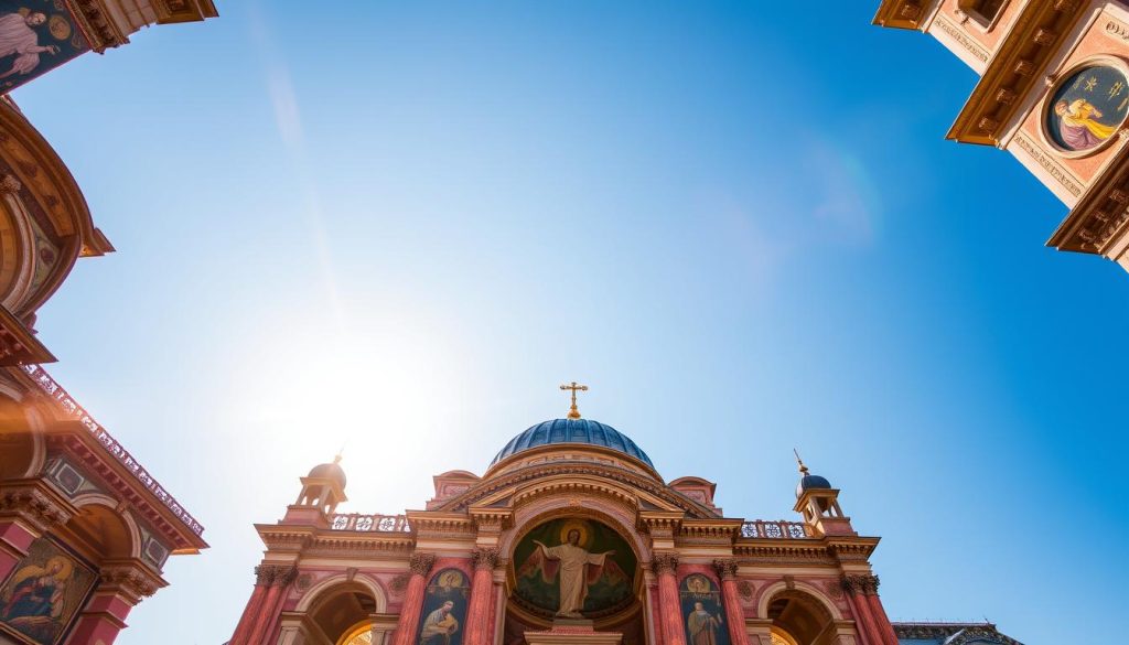 A grandiose Byzantine church stands tall, its domed roof reaching skyward against a backdrop of a clear, azure sky. The sun's warm rays filter through the intricate stained-glass windows, casting a soft, golden glow over the ornate interior. Intricate mosaics and frescoes adorn the walls, depicting scenes from the life of Christ and the saints. The air is filled with the scent of incense and the sound of chanting echoes through the spacious hall. In the center, the imposing figure of the Pantokrator, Christ the Almighty, gazes down benevolently upon the faithful. The architecture is a harmonious blend of Byzantine and classical styles, a testament to the enduring legacy of this historic religious center. A grandiose Byzantine church stands tall, its domed roof reaching skyward against a backdrop of a clear, azure sky. The sun's warm rays filter through the intricate stained-glass windows, casting a soft, golden glow over the ornate interior. Intricate mosaics and frescoes adorn the walls, depicting scenes from the life of Christ and the saints. The air is filled with the scent of incense and the sound of chanting echoes through the spacious hall. In the center, the imposing figure of the Pantokrator, Christ the Almighty, gazes down benevolently upon the faithful. The architecture is a harmonious blend of Byzantine and classical styles, a testament to the enduring legacy of this historic religious center.