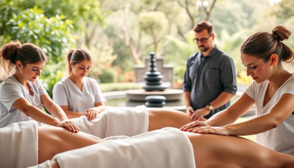 A group of professional massage therapists and wellness experts gathered in a serene, natural setting. The foreground features three individuals engaged in various massage techniques, their skilled hands expertly manipulating the muscles of their clients. The middle ground showcases a range of wellness treatments, including aromatherapy, hot stone therapy, and reflexology. The background is a tranquil outdoor scene, with lush greenery, a calming water feature, and soft, diffused lighting creating a peaceful, rejuvenating atmosphere. The image conveys the expertise, professionalism, and holistic approach of the therapists, perfectly capturing the essence of the "Profesyonel Masözler ile Avrupa Yakası'nda Masaj ve Wellness Rehberi" article and the "Profesyonel masöz ve terapist uzmanlıkları" section.