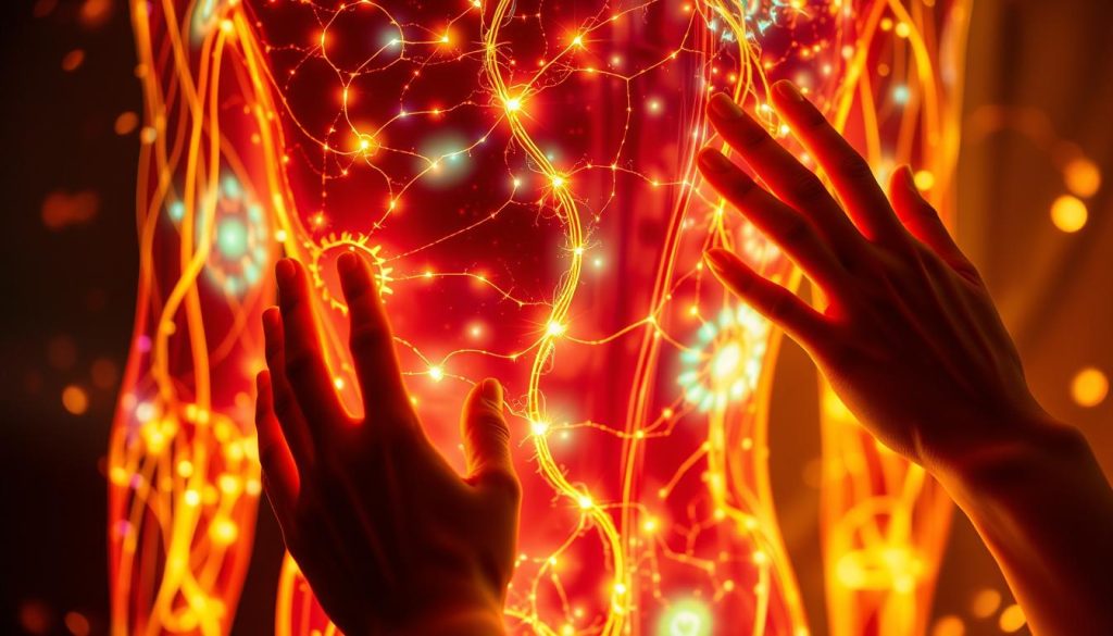 A harmonious flow of energy coursing through the human body, a tapestry of vibrant hues and intricate patterns. Glowing meridians and chakras pulsing with vitality, interwoven with delicate tendrils of light. Hands tracing the contours, unlocking blocked pathways, restoring balance and harmony. Soft, warm lighting casts a serene glow, capturing the essence of the energy system in a moment of tranquil contemplation. Layered textures and organic shapes create a visually captivating scene, embodying the restorative power of massage therapy.