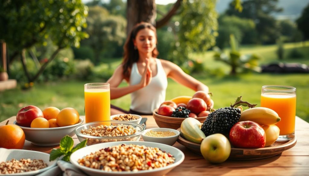 A healthy lifestyle scene featuring a nourishing breakfast spread and a woman engaged in a yoga pose, all set against a serene natural backdrop. In the foreground, a table laden with fresh fruits, whole grains, and a glass of juice, symbolizing a balanced, nutrient-rich meal. In the middle ground, a woman gracefully performing a warrior pose, her expression calm and focused, representing the importance of regular exercise. In the background, lush greenery and a tranquil outdoor setting, conveying a sense of harmony and well-being. Warm, natural lighting illuminates the scene, creating a soothing and inviting atmosphere.