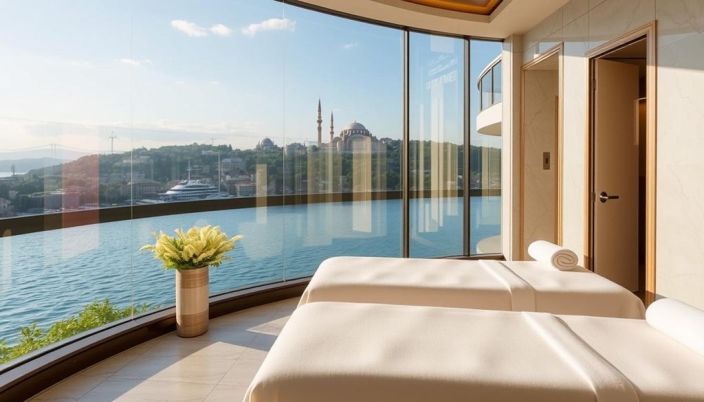 A lavish oasis nestled on the Bosphorus shores, the Four Seasons Spa offers a serene luxury experience. Capture the tranquil ambiance with a panoramic view of the iconic Istanbul waterway, framed by lush greenery and elegant architectural details. Soft natural lighting filters through large windows, casting a warm glow over the plush interiors. Sleek marble and wood accents create a refined, sophisticated atmosphere, inviting guests to indulge in pampering treatments. Convey a sense of exclusive, high-end wellness, where visitors can escape the bustling city and immerse themselves in a haven of relaxation and rejuvenation. A lavish oasis nestled on the Bosphorus shores, the Four Seasons Spa offers a serene luxury experience. Capture the tranquil ambiance with a panoramic view of the iconic Istanbul waterway, framed by lush greenery and elegant architectural details. Soft natural lighting filters through large windows, casting a warm glow over the plush interiors. Sleek marble and wood accents create a refined, sophisticated atmosphere, inviting guests to indulge in pampering treatments. Convey a sense of exclusive, high-end wellness, where visitors can escape the bustling city and immerse themselves in a haven of relaxation and rejuvenation.