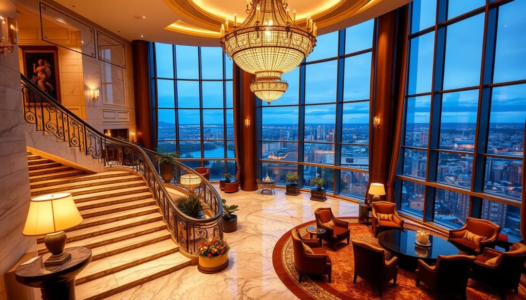 A luxurious 5-star hotel interior with an opulent lobby, featuring a grand marble staircase, ornate chandeliers, and plush velvet furnishings. The space is bathed in warm, golden lighting, creating a cozy and inviting atmosphere. In the background, a large window offers a panoramic view of a picturesque cityscape. The image conveys a sense of refined elegance and high-end sophistication, perfectly capturing the essence of a premium hotel experience.
