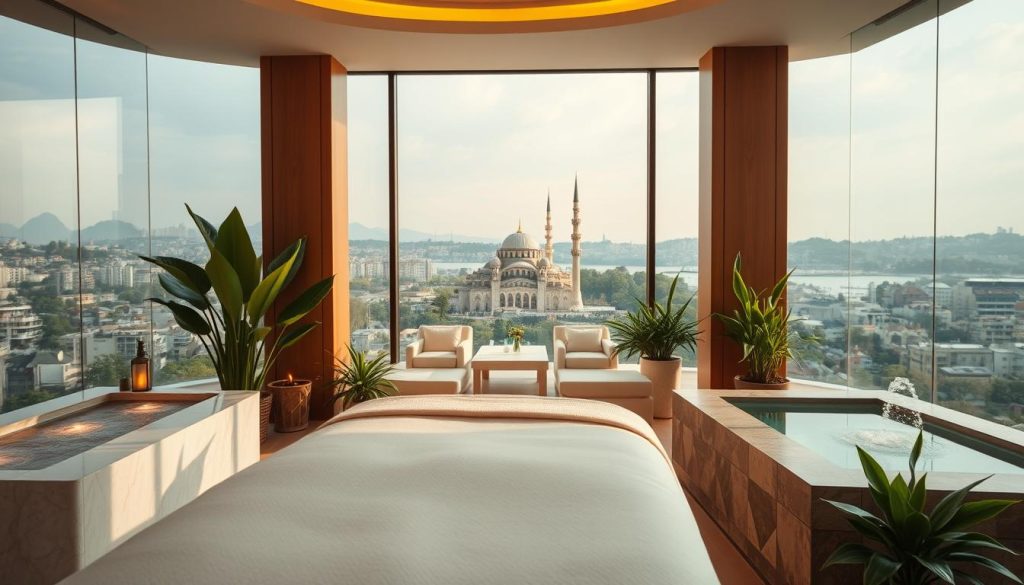 A luxurious Istanbul spa center, illuminated by soft, warm lighting that creates a serene, spa-like atmosphere. The foreground features a plush, white massage table surrounded by lush, green plants and soothing water features. The middle ground showcases elegant, minimalist decor with natural materials like wood and stone, complementing the overall calming ambiance. The background reveals a panoramic view of the stunning Istanbul skyline, with the iconic Hagia Sophia and Blue Mosque in the distance, providing a picturesque backdrop. The image evokes a sense of tranquility and pampering, perfect for showcasing the exclusive spa packages catered to brides-to-be in Istanbul.