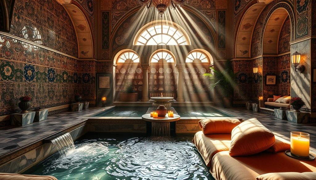 A luxurious Turkish spa oasis in the heart of historic Istanbul. Sunlight filters through ornate arched windows, casting a warm glow on intricate tile mosaics and rich, textured fabrics. Marble fountains flow with soothing waters, the gentle sounds creating an atmosphere of tranquility. Plush, oversized cushions invite guests to unwind and rejuvenate, while the scent of aromatic oils and fragrant candles envelops the space. A serene, opulent sanctuary where ancient traditions of relaxation and wellness converge, offering a truly indulgent escape in the vibrant city.