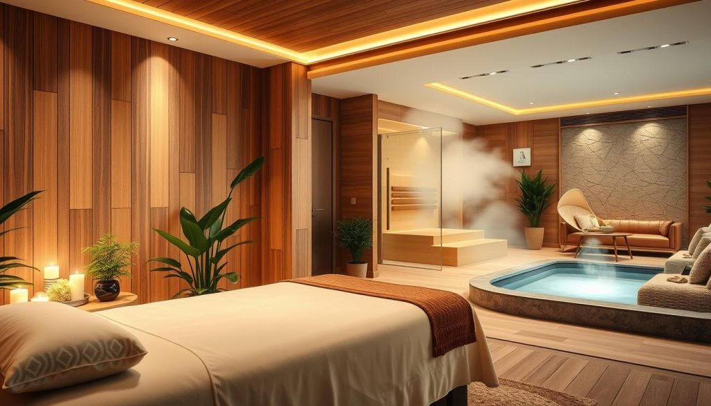A luxurious and serene interior of a high-end massage salon, with soft lighting, warm wood tones, and plush fabrics. The foreground features a modern massage table surrounded by elegant decor, with lush plants and candles adding to the tranquil atmosphere. The middle ground showcases a serene sauna area, with steam gently rising, inviting visitors to unwind. In the background, a cozy lounge area with comfortable seating and a calming water feature, creating a harmonious and rejuvenating spa-like ambiance.