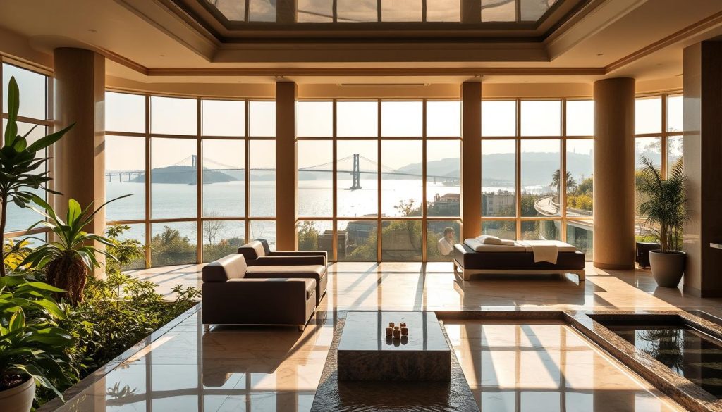 A luxurious and serene oasis overlooking the shimmering Bosphorus Strait. The Spa at Four Seasons Hotel Bosphorus, a tranquil haven nestled amidst lush greenery and elegant architecture. Sunlight filters through large windows, casting a warm glow on the sophisticated interiors - plush leather chairs, polished marble floors, and soothing water features. In the distance, the iconic bridges of Istanbul bridge the old and new, as guests indulge in rejuvenating treatments, soothing massages, and holistic wellness rituals. An atmosphere of refined relaxation and urbane sophistication, a harmonious escape from the bustling city.