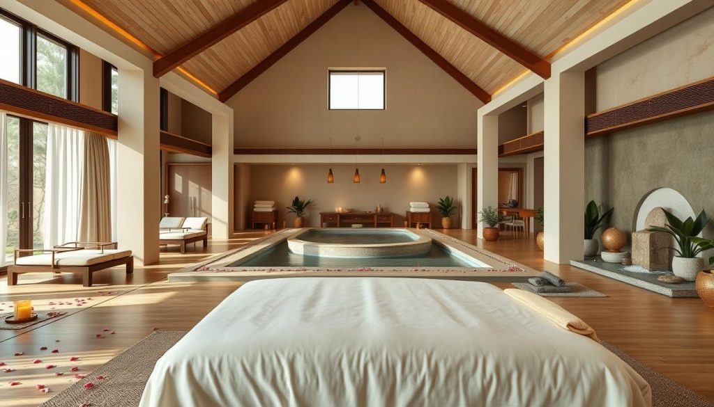 A luxurious and serene spa oasis, with an expansive open-plan layout featuring high ceilings, natural light, and plush furnishings. In the foreground, an elegantly designed massage table with crisp linens awaits, surrounded by scattered flower petals and soothing candles. The middle ground showcases a variety of spa amenities, including a tranquil hydrotherapy pool, relaxation loungers, and a selection of premium massage oils. The background depicts a calming, nature-inspired setting, with potted plants, gentle waterfalls, and muted, earthy tones throughout, evoking a sense of serenity and wellness.