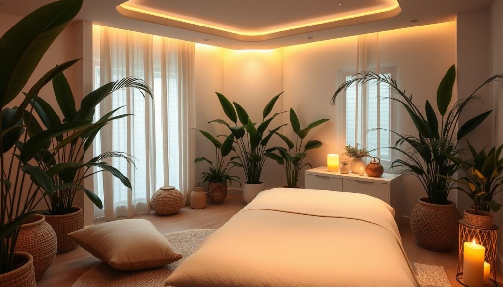 A luxurious home spa setting with soft lighting, lush plants, and a comfortable massage table. The room is filled with a calming, soothing atmosphere, inviting relaxation. Plush textiles and cozy accents create a haven of tranquility. Warm, diffused lighting casts a gentle glow, accentuating the room's natural elements. A serene, minimalist aesthetic with clean lines and earthy tones exudes a sense of harmony and well-being. The overall composition conveys the advantages of in-home massage services - privacy, convenience, and a personalized, spa-like experience. A luxurious home spa setting with soft lighting, lush plants, and a comfortable massage table. The room is filled with a calming, soothing atmosphere, inviting relaxation. Plush textiles and cozy accents create a haven of tranquility. Warm, diffused lighting casts a gentle glow, accentuating the room's natural elements. A serene, minimalist aesthetic with clean lines and earthy tones exudes a sense of harmony and well-being. The overall composition conveys the advantages of in-home massage services - privacy, convenience, and a personalized, spa-like experience.