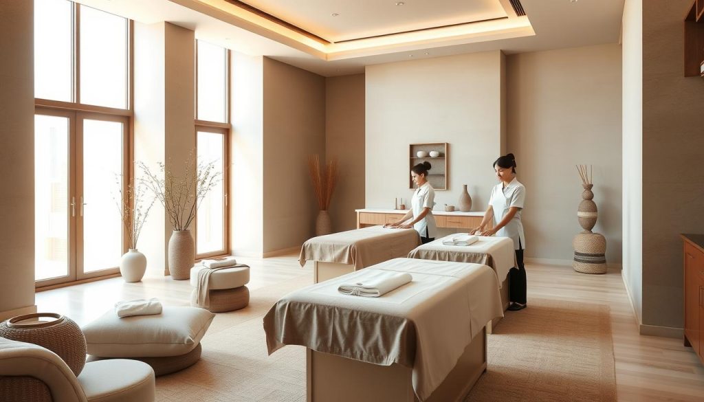 A luxurious, modern spa interior with serene, natural lighting filtering through large windows. Soft, neutral-toned furnishings and calming, earthy décor create an atmosphere of tranquility. The massage area features plush treatment tables, soothing aromatherapy diffusers, and discreet massage therapists in pristine uniforms, ready to provide professional, personalized services. The background showcases a minimalist, Turkish-inspired architectural design with clean lines and subtle cultural accents. An elegant, zen-like ambiance evokes a sense of holistic wellness and relaxation. A luxurious, modern spa interior with serene, natural lighting filtering through large windows. Soft, neutral-toned furnishings and calming, earthy décor create an atmosphere of tranquility. The massage area features plush treatment tables, soothing aromatherapy diffusers, and discreet massage therapists in pristine uniforms, ready to provide professional, personalized services. The background showcases a minimalist, Turkish-inspired architectural design with clean lines and subtle cultural accents. An elegant, zen-like ambiance evokes a sense of holistic wellness and relaxation.