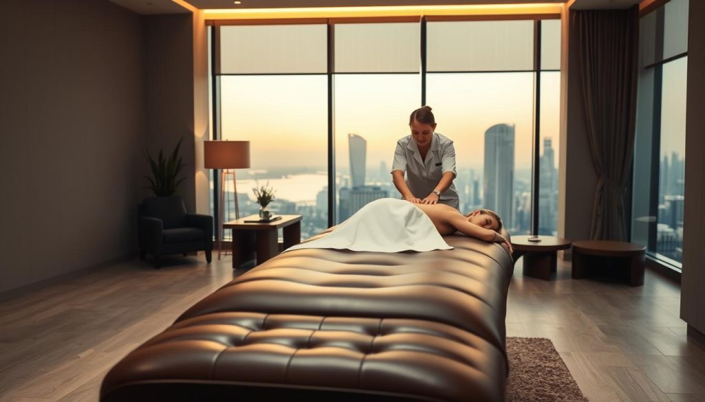 A luxurious office massage scene with a plush leather massage table in the foreground, surrounded by minimalist decor and modern furniture. Soft, indirect lighting creates a calming, spa-like ambiance. In the middle ground, a massage therapist in a crisp white uniform performs a soothing, therapeutic massage on a VIP client. The background features floor-to-ceiling windows overlooking a serene urban cityscape, hinting at the corporate setting. The overall mood is one of relaxation, rejuvenation, and elevated workplace wellness.