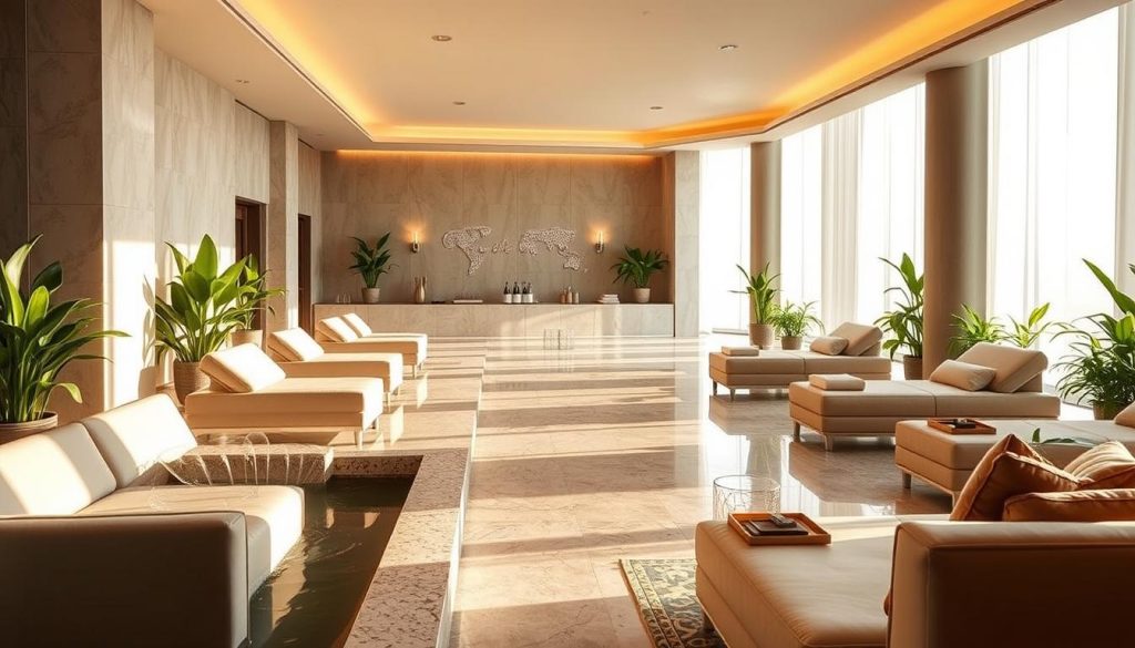 A luxurious spa center nestled in the heart of Istanbul, bathed in warm, natural lighting that filters through floor-to-ceiling windows. Plush, contemporary furnishings create an atmosphere of refined elegance, while soothing water features and lush, verdant plants evoke a sense of tranquility. Guests are invited to indulge in a variety of premium treatments, from rejuvenating facials to decadent body massages, all within this oasis of relaxation and rejuvenation. The spa's sleek, modern design and high-end amenities combine to offer a truly luxurious and elevated wellness experience.