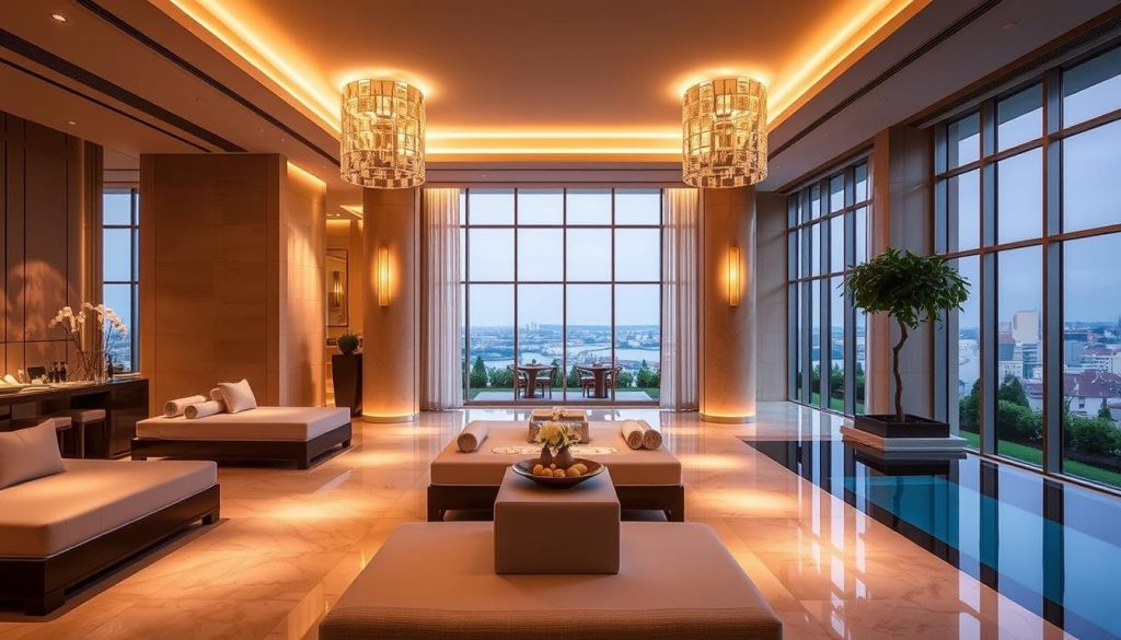 A luxurious spa in the heart of Istanbul, the Spa Mandarin exudes an elegant and serene ambiance. The spacious interiors feature floor-to-ceiling windows that flood the space with natural light, creating a warm and inviting atmosphere. Plush, neutral-toned furnishings and meticulously manicured gardens set the stage for a tranquil and rejuvenating experience. The spa's state-of-the-art facilities include a Turkish hammam, sauna, and infinity pool with stunning city views. Skilled therapists offer bespoke treatments using premium, locally-sourced ingredients, culminating in a truly indulgent and personalized wellness journey.