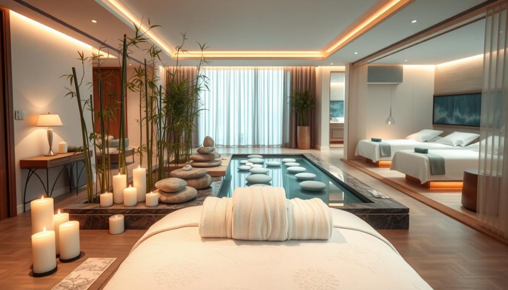 A luxurious spa interior showcasing the essence of relaxation and tranquility. In the foreground, a serene massage table adorned with fluffy white towels and aromatic candles, exuding a calming ambiance. In the middle ground, a beautifully arranged tranquility area featuring bamboo plants, smooth stones, and calming water features, creating a harmonious atmosphere. In the background, elegantly designed spa rooms with soft, ambient lighting, and soothing color palettes of soft blues and earthy tones. Natural light streaming through sheer curtains adds warmth to the scene. The overall mood is peaceful and inviting, embodying an ultimate spa experience in Istanbul. No people are present, ensuring focus on the serene environment. A luxurious spa interior showcasing the essence of relaxation and tranquility. In the foreground, a serene massage table adorned with fluffy white towels and aromatic candles, exuding a calming ambiance. In the middle ground, a beautifully arranged tranquility area featuring bamboo plants, smooth stones, and calming water features, creating a harmonious atmosphere. In the background, elegantly designed spa rooms with soft, ambient lighting, and soothing color palettes of soft blues and earthy tones. Natural light streaming through sheer curtains adds warmth to the scene. The overall mood is peaceful and inviting, embodying an ultimate spa experience in Istanbul. No people are present, ensuring focus on the serene environment.