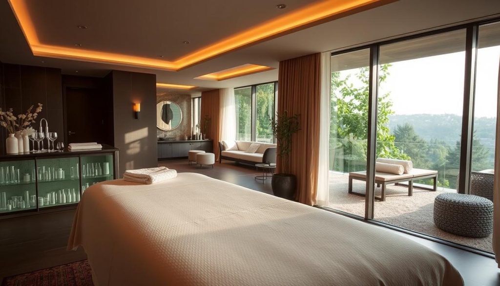 A luxurious spa retreat nestled in the lush greenery of Şile, Istanbul. Soft lighting casts a warm glow over the tranquil space, accentuating the elegant decor and plush fabrics. In the foreground, a sleek, modern massage table invites guests to indulge in personalized, rejuvenating treatments. The middle ground reveals a cozy relaxation area, complete with comfortable seating and soothing aromas. In the background, a wall of floor-to-ceiling windows offers a serene view of the surrounding natural landscape, creating a sense of peace and escape. The overall atmosphere is one of luxurious pampering, designed to transport visitors to a world of total relaxation and rejuvenation.