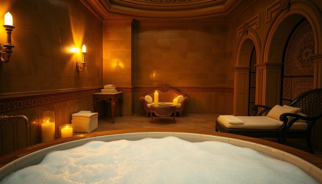 A luxurious spa setting with a tranquil, dimly lit atmosphere. The foreground features a deep, foaming bath filled with kese köpük, a traditional Turkish bath scrub. Soft, warm lighting from wall sconces casts a golden glow, creating a serene and indulgent ambiance. The middle ground showcases ornate, carved wooden furniture, plush towels, and aromatic candles, evoking the opulent aesthetic of a high-end Istanbul wellness retreat. The background features intricate tile work and arched entryways, transporting the viewer to an authentic Turkish bathing experience. The overall mood is one of relaxation, pampering, and an escape from the bustling city outside. A luxurious spa setting with a tranquil, dimly lit atmosphere. The foreground features a deep, foaming bath filled with kese köpük, a traditional Turkish bath scrub. Soft, warm lighting from wall sconces casts a golden glow, creating a serene and indulgent ambiance. The middle ground showcases ornate, carved wooden furniture, plush towels, and aromatic candles, evoking the opulent aesthetic of a high-end Istanbul wellness retreat. The background features intricate tile work and arched entryways, transporting the viewer to an authentic Turkish bathing experience. The overall mood is one of relaxation, pampering, and an escape from the bustling city outside.