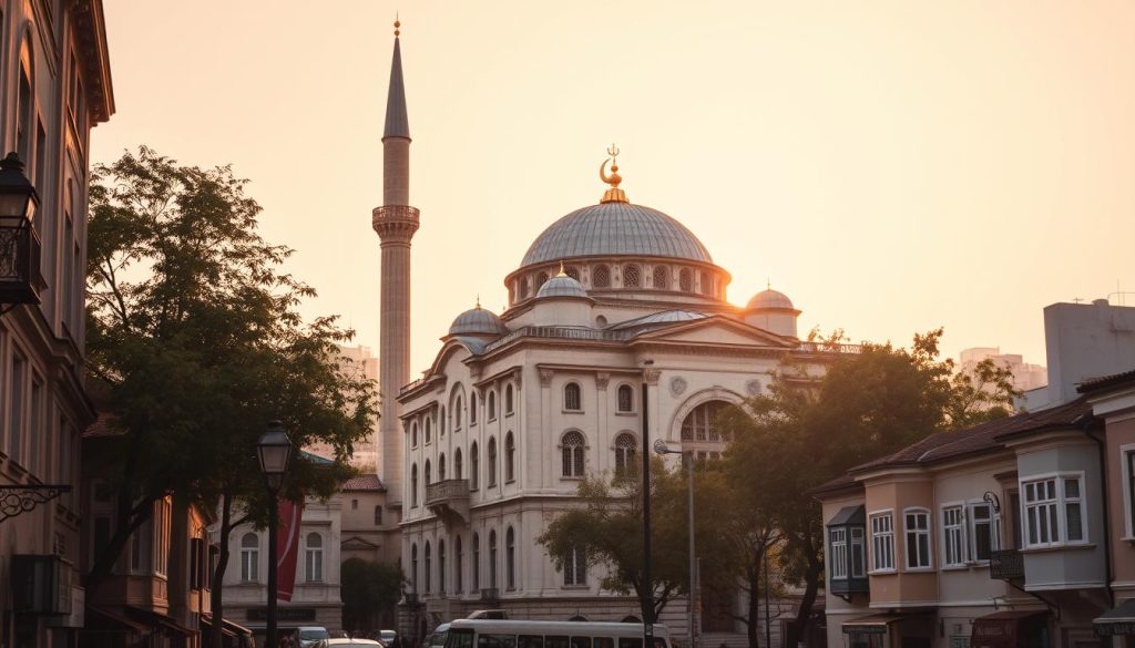 A majestic Ottoman-era mosque, the Kılıç Ali Paşa complex stands tall in Fatih, Istanbul. Its grand, domed silhouette and intricate architectural details are captured in a timeless, cinematic composition. The sun's warm glow casts a soft, golden hue, highlighting the structure's weathered yet graceful facade. Surrounding the mosque, a bustling urban landscape unfolds, with narrow streets, historic buildings, and the occasional leafy tree adding depth and context to the scene. The overall atmosphere evokes a sense of reverence and cultural heritage, inviting the viewer to explore the rich history and significance of this iconic Fatih landmark.