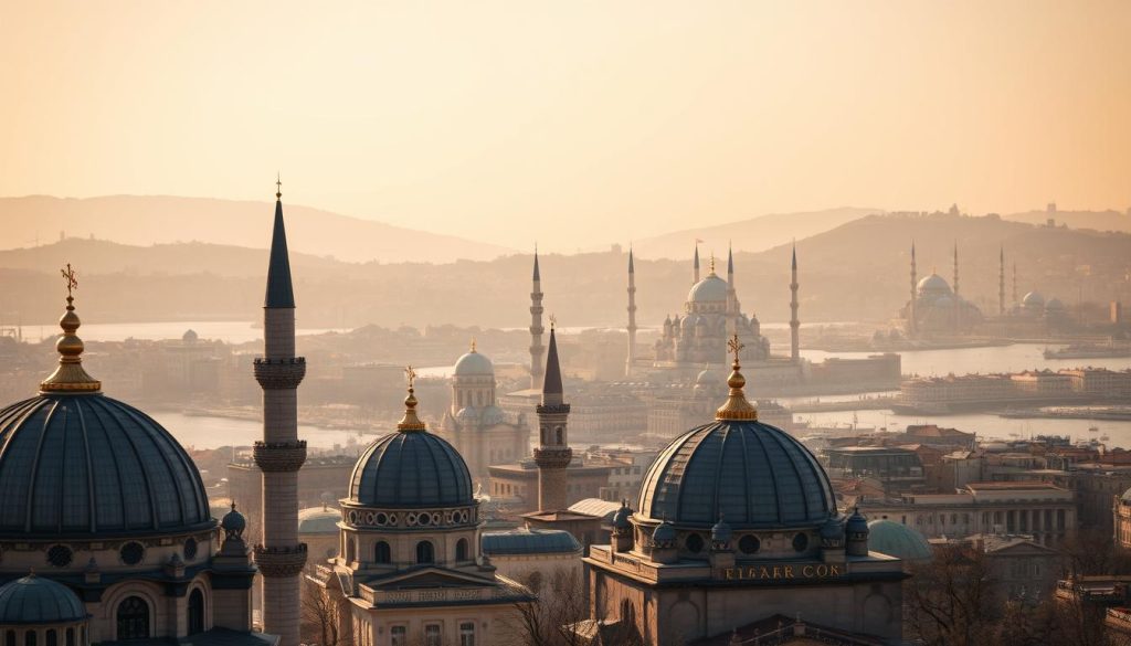 A majestic cityscape of Istanbul, its architectural layers seamlessly intertwined with the rhythmic techniques of masseuses. In the foreground, elegant domes and minarets rise against a warm, diffused light, casting intricate shadows across the scene. The middle ground reveals the city's historic buildings, their ornate facades evoking a sense of timeless grandeur. The background is a hazy, atmospheric blend of Istanbul's unique topography, hills, and winding waterways. The overall mood is one of tranquility and harmonious integration, where the city's architectural memory merges with the flowing, soothing movements of traditional massage practices.