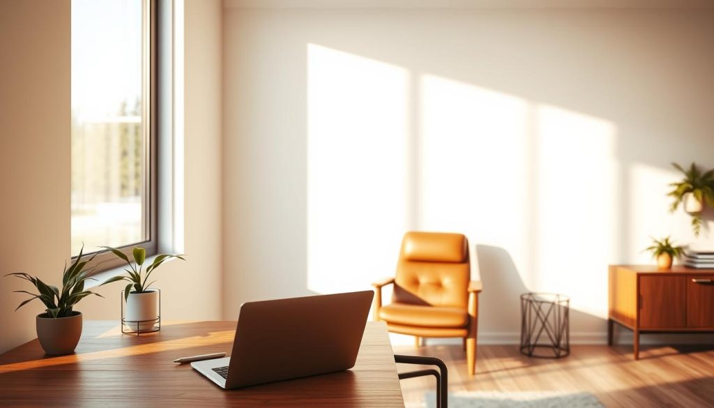 A modern, minimalist office interior with a clean, elegant aesthetic. A wooden desk with a laptop, pen, and a potted plant sits in the foreground, bathed in warm, natural light from a large window. In the middle ground, a comfortable leather chair invites the viewer to sit and make an appointment. The background features a simple, neutral-toned wall, creating a calm, professional atmosphere. The overall scene conveys a sense of tranquility and efficiency, encouraging the viewer to schedule a relaxing massage or treatment.