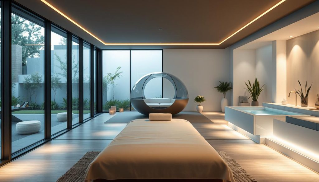 A modern, minimalist spa interior with sleek lines, natural materials, and soothing ambient lighting. In the foreground, a luxurious massage table is positioned against a backdrop of floor-to-ceiling windows overlooking a serene garden. The middle ground features innovative spa amenities, such as a floating meditation pod and a hydrotherapy tub. The background showcases a minimalist, Zen-inspired decor with clean white walls, potted plants, and subtle, indirect lighting that creates a tranquil, rejuvenating atmosphere. The overall scene conveys a sense of innovation, relaxation, and holistic well-being.