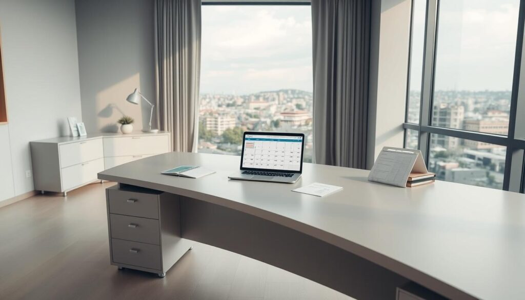 A modern office setting with a large desk, laptop, and an appointment calendar prominently displayed. The desk is neatly organized, with a minimalist design featuring clean lines and neutral tones. Soft, diffused lighting illuminates the scene, creating a calming and professional atmosphere. In the background, a large window overlooking a cityscape, with a view of Beylikdüzü's architectural landscape. The overall composition conveys a sense of efficiency, organization, and the seamless booking process for the home massage service. A modern office setting with a large desk, laptop, and an appointment calendar prominently displayed. The desk is neatly organized, with a minimalist design featuring clean lines and neutral tones. Soft, diffused lighting illuminates the scene, creating a calming and professional atmosphere. In the background, a large window overlooking a cityscape, with a view of Beylikdüzü's architectural landscape. The overall composition conveys a sense of efficiency, organization, and the seamless booking process for the home massage service.