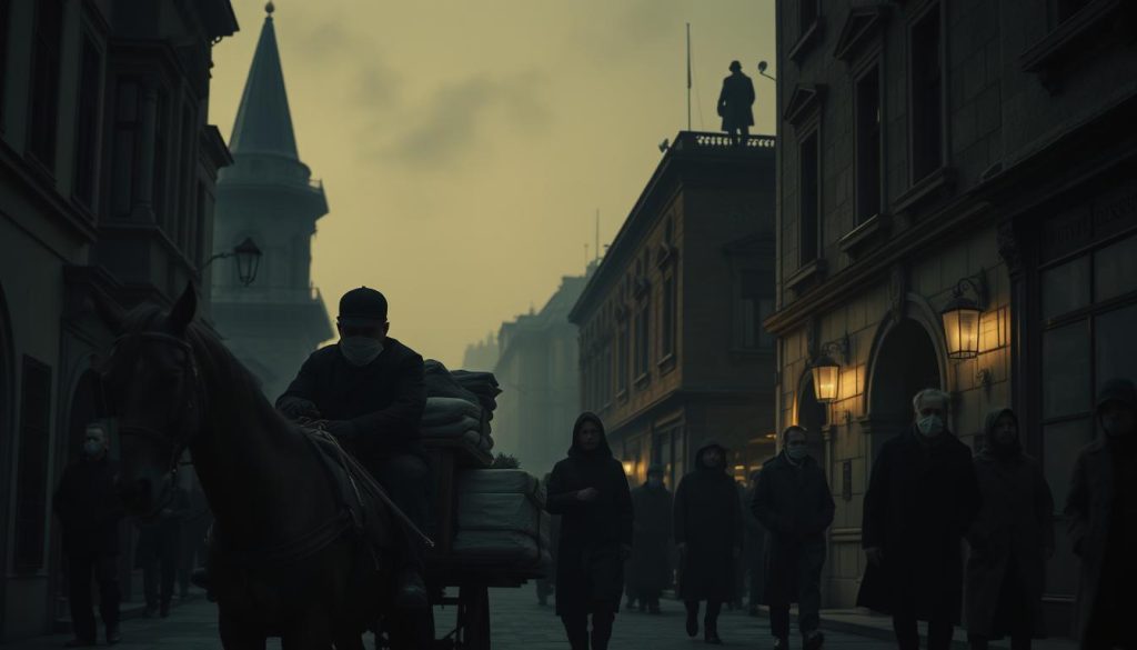 A moody, dimly lit street in 19th century Istanbul, with towering Ottoman-era buildings casting long shadows. In the foreground, a horse-drawn cart transports medical supplies, its driver clad in a protective plague doctor's mask. The middle ground is dotted with passersby wearing simple cloth face coverings, their expressions solemn. In the background, a shadowy figure stands atop a building, surveying the scene below. The atmosphere is one of unease and apprehension, the air thick with the weight of a historic pandemic. Low-key lighting, a vintage lens, and a cinematic angle heighten the sense of drama and historical gravitas. A moody, dimly lit street in 19th century Istanbul, with towering Ottoman-era buildings casting long shadows. In the foreground, a horse-drawn cart transports medical supplies, its driver clad in a protective plague doctor's mask. The middle ground is dotted with passersby wearing simple cloth face coverings, their expressions solemn. In the background, a shadowy figure stands atop a building, surveying the scene below. The atmosphere is one of unease and apprehension, the air thick with the weight of a historic pandemic. Low-key lighting, a vintage lens, and a cinematic angle heighten the sense of drama and historical gravitas.