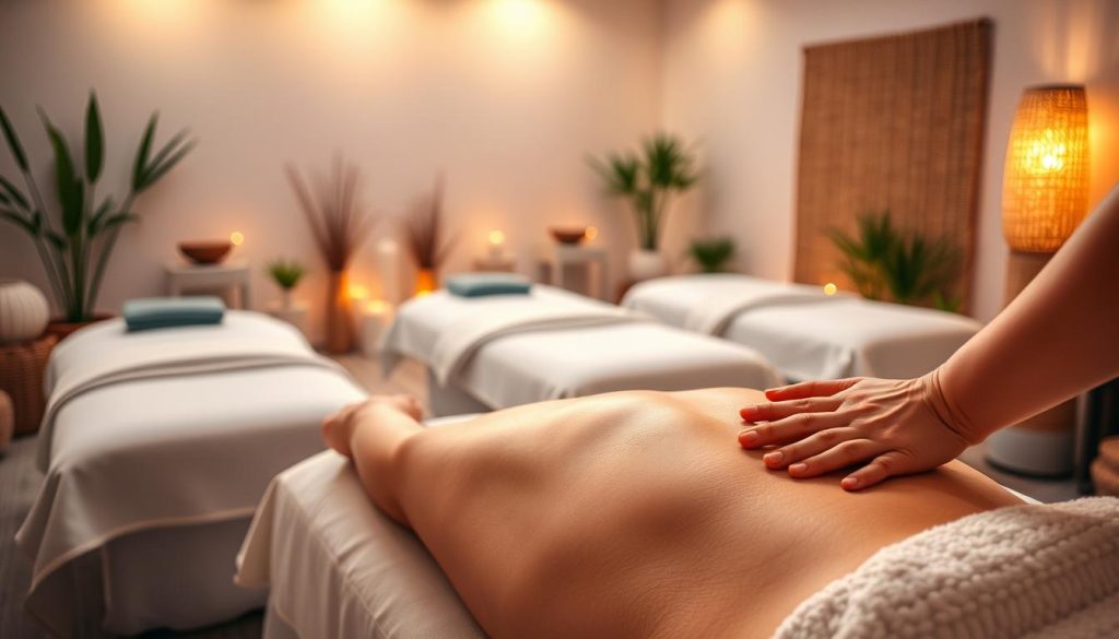 A peaceful and serene massage parlor setting. Soft, warm lighting illuminates the room, creating a calming ambiance. In the foreground, a therapist's hands perform a soothing, therapeutic massage on a client's back, using long, flowing strokes. In the middle ground, plush massage tables are arranged neatly, with crisp white linens and an array of massage oils and lotions. The background features a tranquil, nature-inspired decor, such as potted plants, gentle water features, and earthy tones, further enhancing the relaxing atmosphere. The overall scene conveys the energy-balancing effects of professional massage techniques.
