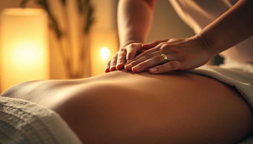 A peaceful and serene massage session in a cozy, dimly lit room. The client's neck and shoulders are the focal point, with gentle hands applying soothing pressure along the trapezius muscles and the base of the skull. Soft, warm lighting casts a natural glow, creating a sense of relaxation. The massage therapist's skilled movements are captured in a close-up, mid-angle perspective, showcasing the delicate technique. The background is blurred, emphasizing the massage as the sole subject. The overall atmosphere conveys a calming and therapeutic experience.
