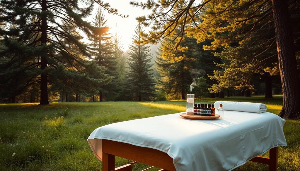 A peaceful, calming scene of an aromatherapy massage in a serene, natural setting. A wooden massage table rests on a lush, green meadow, surrounded by towering evergreen trees. Soft, warm lighting filters through the canopy, casting a gentle glow over the scene. An assortment of essential oil bottles and aromatherapy diffusers sit on a small table, filling the air with soothing, earthy scents. Plush, white linens cover the massage table, inviting the viewer to relax and unwind. The overall atmosphere evokes a sense of tranquility and rejuvenation, reflecting the mental and physical benefits of the massage experience.