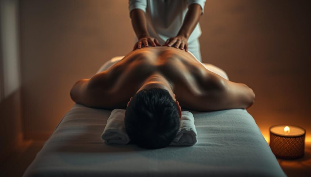 A peaceful, dimly lit spa setting. A male figure lies face down on a massage table, his back and neck exposed. Soft, warm lighting casts gentle shadows, creating an atmosphere of tranquility and relaxation. The table is situated in a serene, minimalist room with subtle textures and muted colors, evoking a sense of calm. The focus is on the massage process, with the male figure's muscles gently being kneaded by skilled hands. The image conveys the soothing experience of a neck and back massage, a popular service for men in the Bakirkoy district.