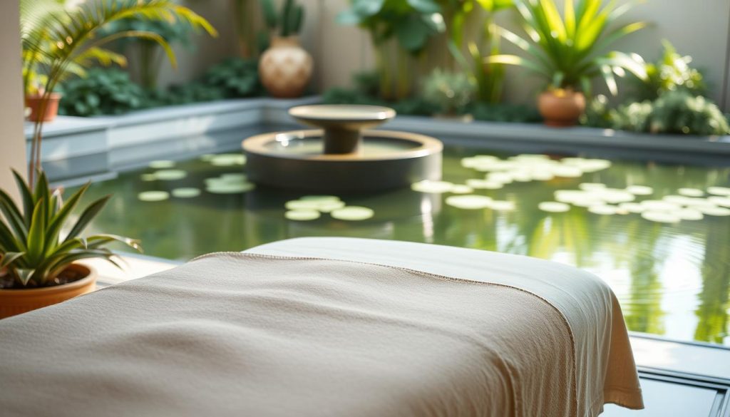 A peaceful, relaxing scene of a serene spa setting. A tranquil massage table is positioned in the foreground, surrounded by lush greenery and soothing water features in the middle ground. Soft, natural lighting filters through the space, creating a calming ambiance. Gentle ripples on the surface of a nearby pond reflect the serene atmosphere. The overall composition conveys a sense of rejuvenation and well-being, highlighting the physical and mental benefits of massage therapy.
