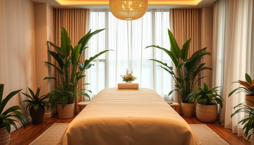 A peaceful, serene massage therapy scene set in a luxurious Istanbul studio. A soft, warm lighting fills the room, creating a soothing atmosphere. A massage table sits in the middle, its clean white linens inviting relaxation. Lush, verdant plants adorn the background, adding a touch of natural elegance. Gentle, calming music plays in the background, complementing the tranquil ambiance. The overall mood is one of rejuvenation, wellness, and a sense of escape from the bustling city outside.