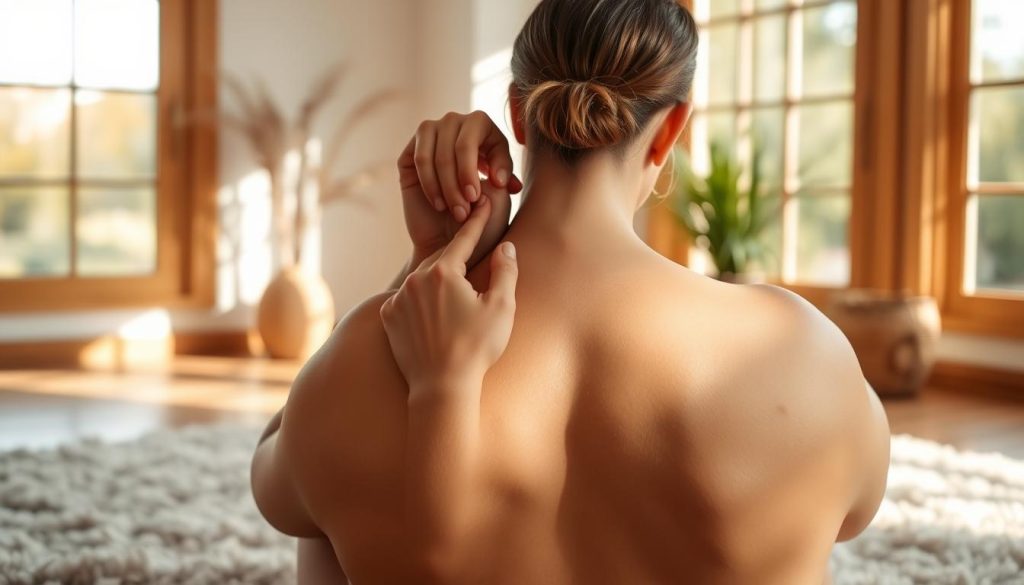 A peaceful, serene scene of a person practicing self-massage techniques. The foreground depicts hands gently kneading the neck and shoulders, while the middle ground shows a person sitting cross-legged on a soft, plush rug. The background is a tranquil, sun-dappled room with warm, natural lighting filtering through large windows. Subtle plant life and soft, earthy tones create a calming, introspective atmosphere. The overall composition emphasizes the importance of self-care and the benefits of taking the time to nurture one's own body and mind. A peaceful, serene scene of a person practicing self-massage techniques. The foreground depicts hands gently kneading the neck and shoulders, while the middle ground shows a person sitting cross-legged on a soft, plush rug. The background is a tranquil, sun-dappled room with warm, natural lighting filtering through large windows. Subtle plant life and soft, earthy tones create a calming, introspective atmosphere. The overall composition emphasizes the importance of self-care and the benefits of taking the time to nurture one's own body and mind.