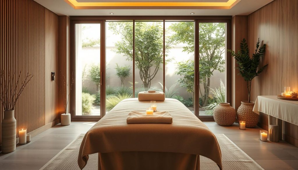 A peaceful, serene spa setting in Istanbul, with soft lighting and soothing colors. A tranquil massage table takes center stage, surrounded by luxurious fabrics, plush towels, and fragrant candles. The background features a calming, minimalist interior design with natural wood accents and a large window overlooking a lush, urban garden. The atmosphere exudes a sense of relaxation and well-being, perfectly capturing the "Masözlerin Tavsiyesiyle İstanbul'da Günü Dengeleyen Butik Spa Deneyimleri" theme.
