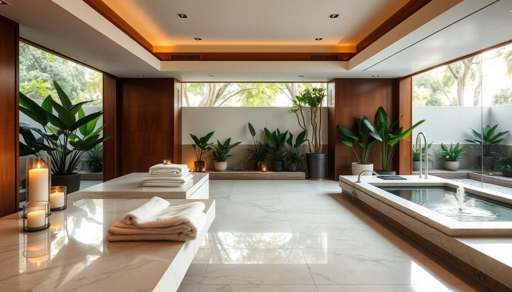 A peaceful spa sanctuary, bathed in soft natural light, with serene garden views. Elegant marble surfaces, polished wood accents, and lush greenery create a calming ambiance. Plush towels, scented candles, and a soothing water feature invite relaxation. Subtle ambient lighting casts a warm, tranquil glow, while a gentle breeze carries the aroma of essential oils. Cozy, private treatment rooms offer the promise of rejuvenating massage and indulgent skincare therapies, transporting the senses to a state of total wellness and restoration. A peaceful spa sanctuary, bathed in soft natural light, with serene garden views. Elegant marble surfaces, polished wood accents, and lush greenery create a calming ambiance. Plush towels, scented candles, and a soothing water feature invite relaxation. Subtle ambient lighting casts a warm, tranquil glow, while a gentle breeze carries the aroma of essential oils. Cozy, private treatment rooms offer the promise of rejuvenating massage and indulgent skincare therapies, transporting the senses to a state of total wellness and restoration.