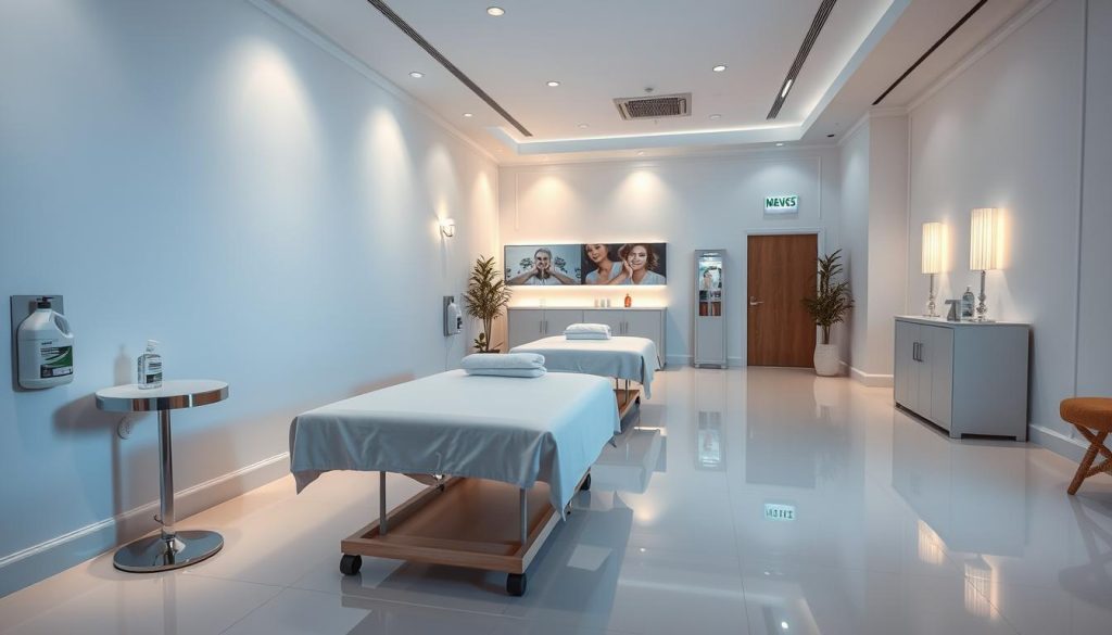 A pristine, well-lit massage parlor interior with gleaming floors, crisp white walls, and an elegant décor. Plush massage tables stand ready, adorned with freshly laundered linens. Disinfectant stations and hand sanitizers are prominently displayed, emphasizing a commitment to hygiene. The scene evokes a sense of tranquility and cleanliness, with subtle lighting and a serene atmosphere. A calming, minimalist aesthetic pervades the space, creating an immaculate and inviting environment for premier massage services. A pristine, well-lit massage parlor interior with gleaming floors, crisp white walls, and an elegant décor. Plush massage tables stand ready, adorned with freshly laundered linens. Disinfectant stations and hand sanitizers are prominently displayed, emphasizing a commitment to hygiene. The scene evokes a sense of tranquility and cleanliness, with subtle lighting and a serene atmosphere. A calming, minimalist aesthetic pervades the space, creating an immaculate and inviting environment for premier massage services.