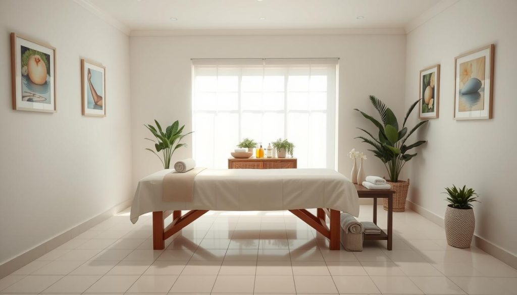 A pristine, well-lit massage therapy room with a serene, calming atmosphere. Soft lighting illuminates the clean, white tiled floors and walls, creating a sense of purity and hygiene. A comfortable, padded massage table sits in the center, covered in fresh, crisp linens. Plush towels and neatly arranged massage oils and lotions on a side table suggest a thoughtful attention to detail. Potted plants and soothing artwork on the walls contribute to the tranquil, spa-like ambiance. The overall impression is one of cleanliness, comfort, and a commitment to providing a high-quality, relaxing massage experience.