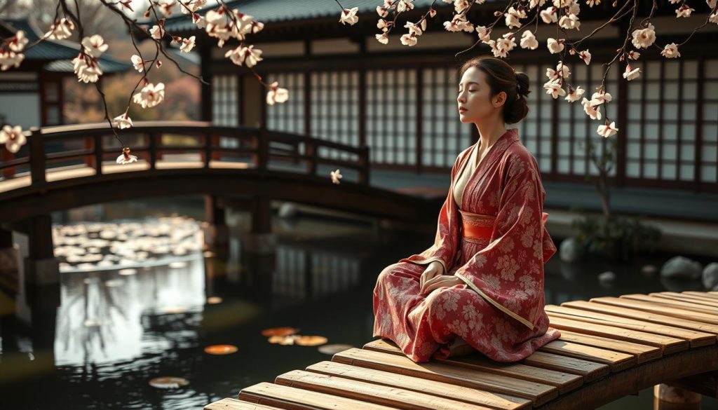 A serene Japanese garden, with a wooden bridge arching over a tranquil pond. On the bridge, a woman in a kimono sits cross-legged, her eyes closed in deep concentration as she performs the ancient art of Shiatsu massage. The scene is bathed in warm, soft lighting, creating a soothing, meditative atmosphere. Delicate cherry blossoms float in the air, adding to the sense of tranquility. The background features a traditional Japanese architecture, with pagodas and sliding paper screens. The composition emphasizes the harmony between the woman, the natural elements, and the traditional Japanese aesthetic, conveying the essence of Shiatsu as a holistic approach to wellness and stress management.