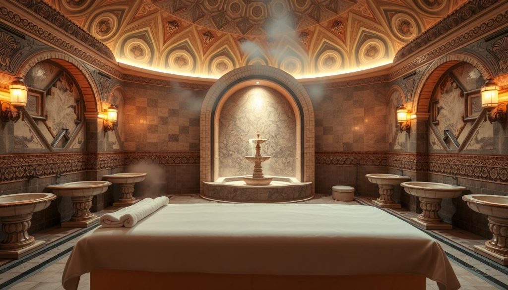 A serene Turkish bath (Türk hamamı) interior with ornate tiled walls, domed ceilings, and warm, diffused lighting. In the foreground, a plush, cushioned massage table takes center stage, inviting relaxation. Surrounding it, elegant marble basins and intricate architectural details create an atmosphere of timeless opulence. The middle ground features delicate steam swirling around, adding to the tranquil ambiance. In the background, a recessed alcove with a traditional fountain piece completes the traditional hammam setting. The overall mood is one of luxurious pampering and wellness, capturing the essence of a Turkish massage experience.