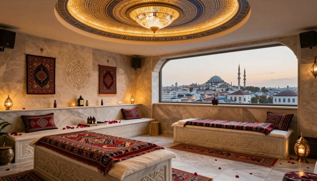 A serene Turkish bath setting that embodies the unique fusion of Eastern and Western massage culture in Istanbul. The foreground features intricately designed marble benches adorned with traditional textiles and aromatic oils. In the middle ground, a beautifully lit mosaic ceiling reflects warm, soft golden lighting, creating an inviting atmosphere. Subtle details such as scattered rose petals and ornate candle holders enhance the calming effect. The background reveals a picturesque view of a historic Istanbul skyline, with architectural elements that blend ancient and modern styles. The overall mood is tranquil and relaxing, evoking a sense of harmony and wellness, perfect for a massage sanctuary.