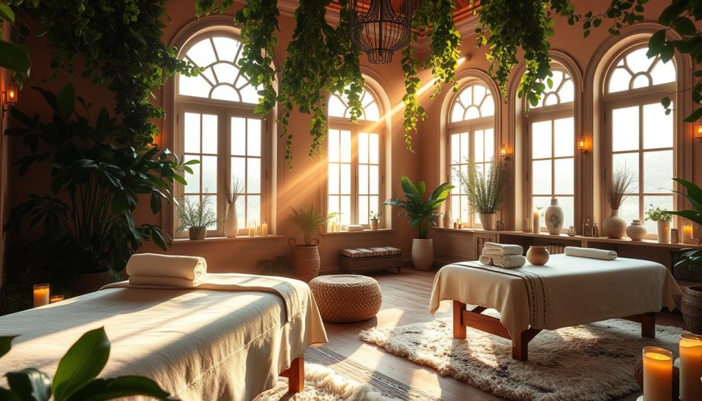 A serene Turkish spa sanctuary in Istanbul, adorned with lush foliage, soothing lighting, and the warm, inviting hues of traditional architecture. Aromatic oils and fragrant candles create a tranquil atmosphere, as plush massage tables await. Sunlight filters through large windows, casting a golden glow over the space. Plush rugs and soft fabrics add to the cozy, rejuvenating ambiance. A calming oasis amidst the bustling city, this aromatherapy-focused wellness haven offers a restorative escape for the senses.