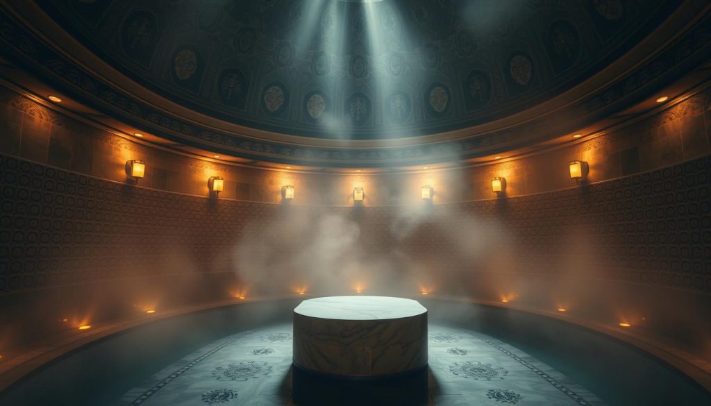 A serene and atmospheric Turkish bath experience unfolds in a dimly lit, ornate domed chamber. Warm, mist-filled air envelops the space, creating a tranquil and immersive ambiance. Intricate tile patterns adorn the walls, reflecting the warm glow of recessed lighting. A central marble plinth stands as the focal point, inviting visitors to relax and unwind. Soft shadows and highlights accentuate the architectural details, evoking a sense of timeless elegance. The overall scene conveys a restorative and rejuvenating experience, transporting the viewer to the serene setting of a traditional Turkish hammam.