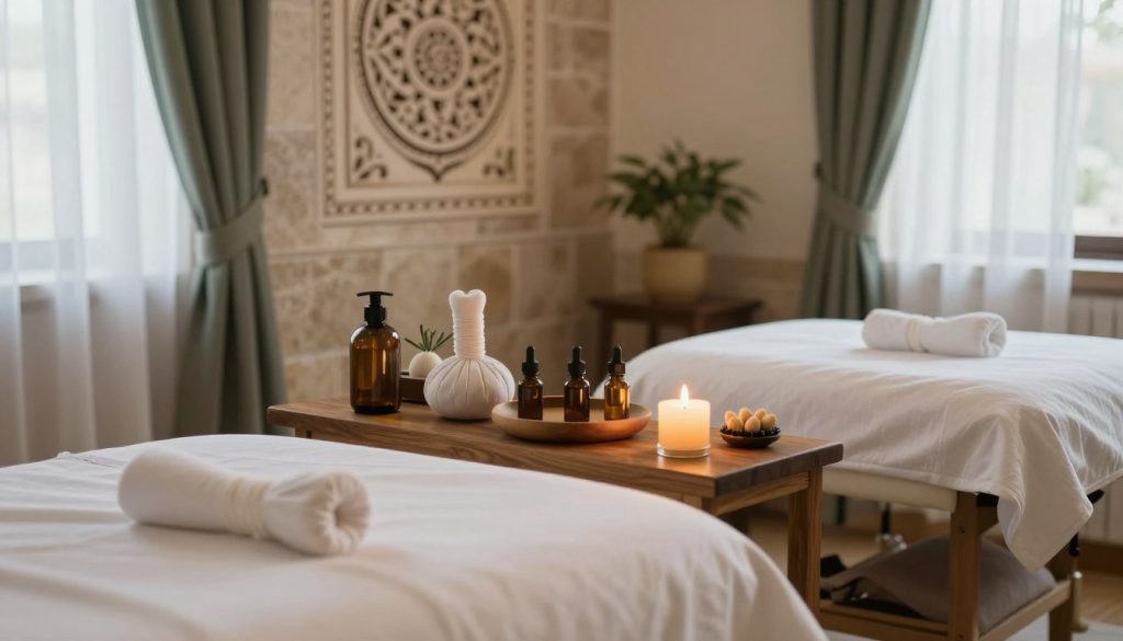 A serene and beautifully arranged massage therapy room in Istanbul, showcasing a variety of massage tools and oils on a wooden table. The foreground features a delicate, softly lit candle and a plush massage bed with crisp, white linens. In the middle ground, an exquisite stone wall adorned with traditional Turkish motifs adds cultural depth. The background reveals large windows with sheer curtains, allowing natural light to filter in, creating a warm, inviting atmosphere. The lighting is soft and diffused, enhancing the tranquility of the space. The color palette includes earthy tones of beige and soft greens, evoking a sense of calm and relaxation, perfect for illustrating the varying massage prices in Istanbul.