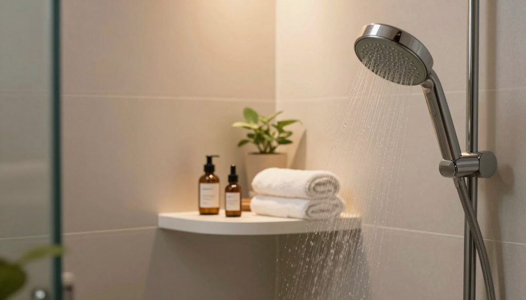 A serene and calming bathroom setting, focusing on a modern shower area with soft, ambient lighting that evokes relaxation. In the foreground, a rain showerhead gently cascades water, creating a tranquil atmosphere. In the middle ground, a small, neatly arranged corner holds natural bath products, such as essential oils and a fluffy towel, artistically displayed. The background features subtle decorative elements, like indoor plants and soft colors, enhancing the soothing environment. The overall mood of the image should be peaceful and inviting, encouraging a sense of preparation for a massage. The angle captures the scene from a slightly elevated perspective, emphasizing the cleanliness and tranquility of the space. A serene and calming bathroom setting, focusing on a modern shower area with soft, ambient lighting that evokes relaxation. In the foreground, a rain showerhead gently cascades water, creating a tranquil atmosphere. In the middle ground, a small, neatly arranged corner holds natural bath products, such as essential oils and a fluffy towel, artistically displayed. The background features subtle decorative elements, like indoor plants and soft colors, enhancing the soothing environment. The overall mood of the image should be peaceful and inviting, encouraging a sense of preparation for a massage. The angle captures the scene from a slightly elevated perspective, emphasizing the cleanliness and tranquility of the space.