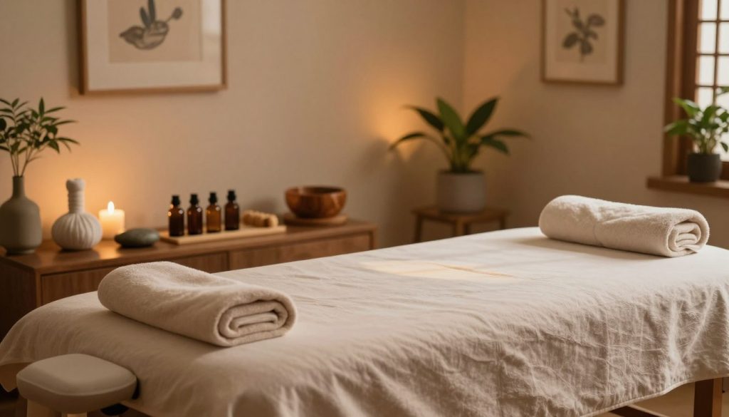 A serene and calming home setting featuring a well-organized massage space. In the foreground, a neatly arranged massage table covered with soft, light-colored linens, accompanied by neatly folded towels. In the middle ground, an array of massage tools, such as essential oils, a smooth stone, and a small wooden bowl, are artistically placed. The background showcases a softly lit room with warm, ambient lighting, framed by potted plants and calming artwork that evokes a sense of tranquility. The overall atmosphere is peaceful and inviting, emphasizing relaxation and self-care. The lighting should create soft shadows and highlights, suggesting a cozy, intimate environment ideal for practicing home massage techniques.