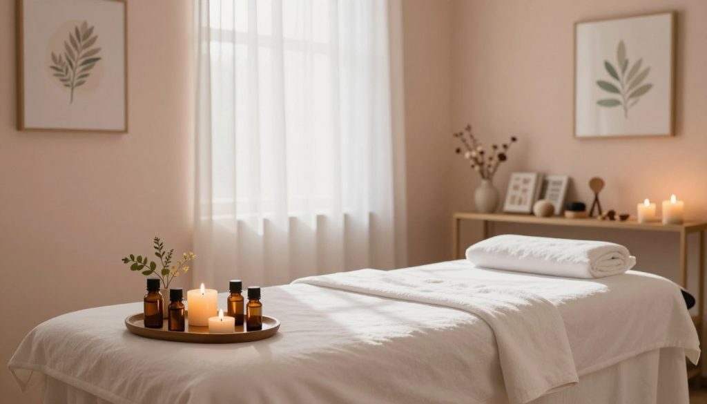A serene and calming massage therapy room, showcasing a neatly arranged massage table with soft white linens. In the foreground, several essential oils are displayed, surrounded by a flickering candle and delicate plants that enhance the soothing atmosphere. The middle of the image reveals natural light filtering in through sheer curtains, casting a warm glow across the room. The walls are painted in soft pastel colors, adorned with elegant artwork that conveys tranquility. In the background, there is a shelf filled with massage tools and wellness literature, ensuring a professional and welcoming environment. The overall mood is peaceful and respectful, emphasizing ethical communication and trustworthiness in client interactions. The composition is balanced, with an inviting ambiance that encourages relaxation and openness. A serene and calming massage therapy room, showcasing a neatly arranged massage table with soft white linens. In the foreground, several essential oils are displayed, surrounded by a flickering candle and delicate plants that enhance the soothing atmosphere. The middle of the image reveals natural light filtering in through sheer curtains, casting a warm glow across the room. The walls are painted in soft pastel colors, adorned with elegant artwork that conveys tranquility. In the background, there is a shelf filled with massage tools and wellness literature, ensuring a professional and welcoming environment. The overall mood is peaceful and respectful, emphasizing ethical communication and trustworthiness in client interactions. The composition is balanced, with an inviting ambiance that encourages relaxation and openness.